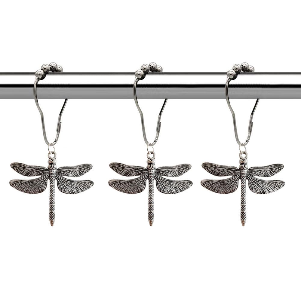 Dragonfly Shower Curtain Hooks Rings Set of 12, Rust Proof Stainless Steel Shower Hook Hangers for Natural Forest Garden Flowers Insect Theme Bathroom Decor (Antique Silver)