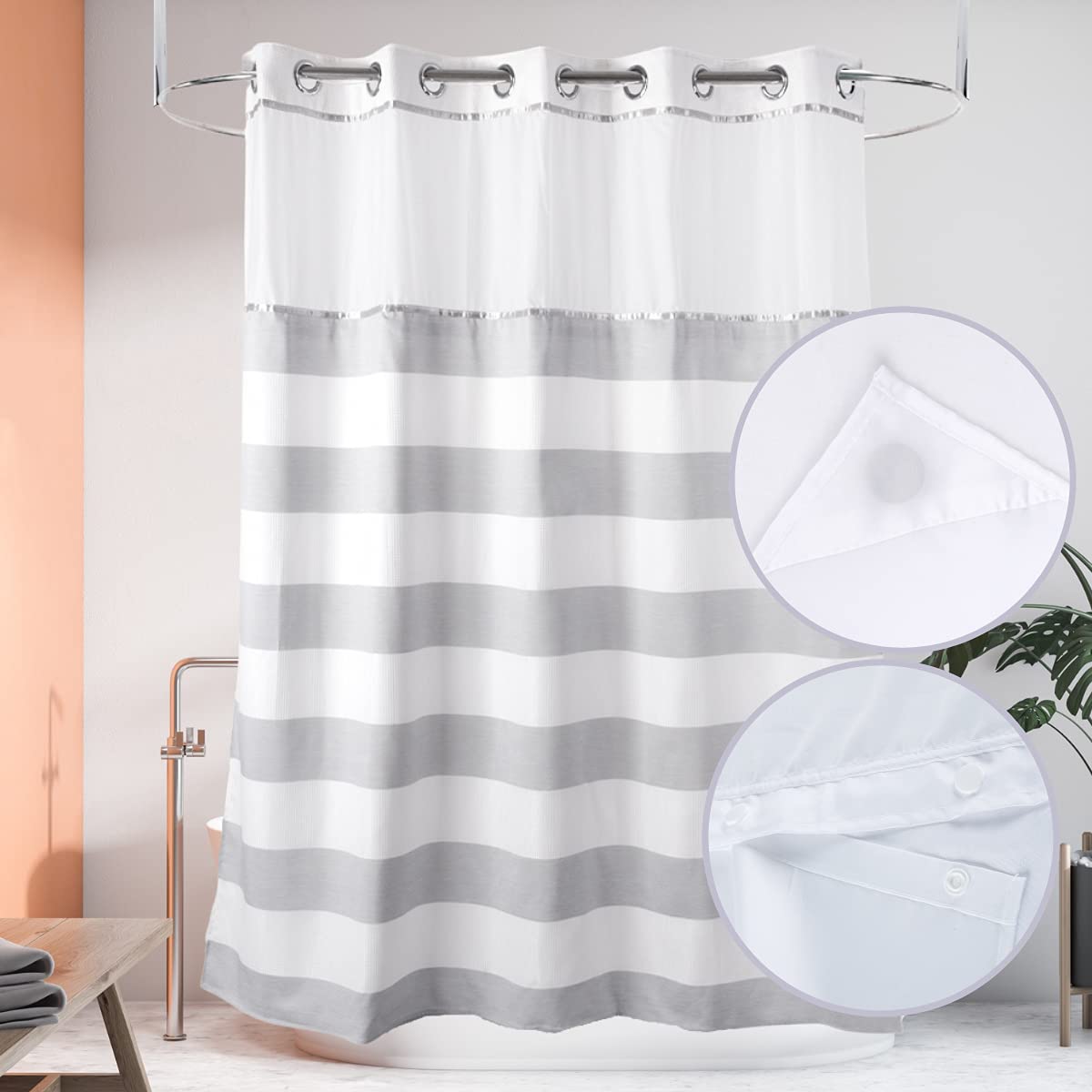 71“W x74”H Heavy Fabric Hook Free Shower Curtain with Polyester Magnet Snap-in Liner–Top See Through with Mesh Window Light Beige