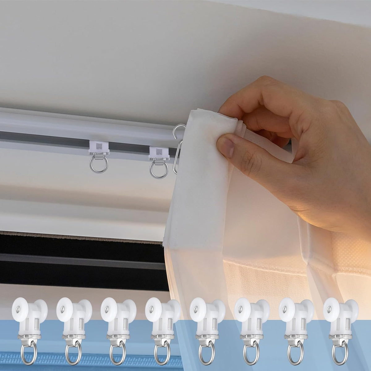 Zonon 100 Pcs Curtain Track Roller and Hooks Kit Dual Wheel Roller Carrier Ceiling Mount Gliders Stainless Steel Hooks for Ceiling Mounted Shower Curtains, Drapes, and Room Dividers