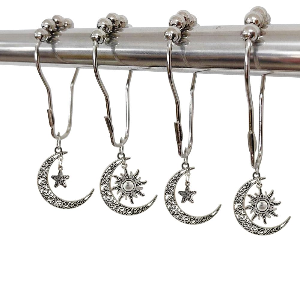 Decorative Sun Moon Celestial Shower Curtain Hooks Rings Set of 12, Bronze