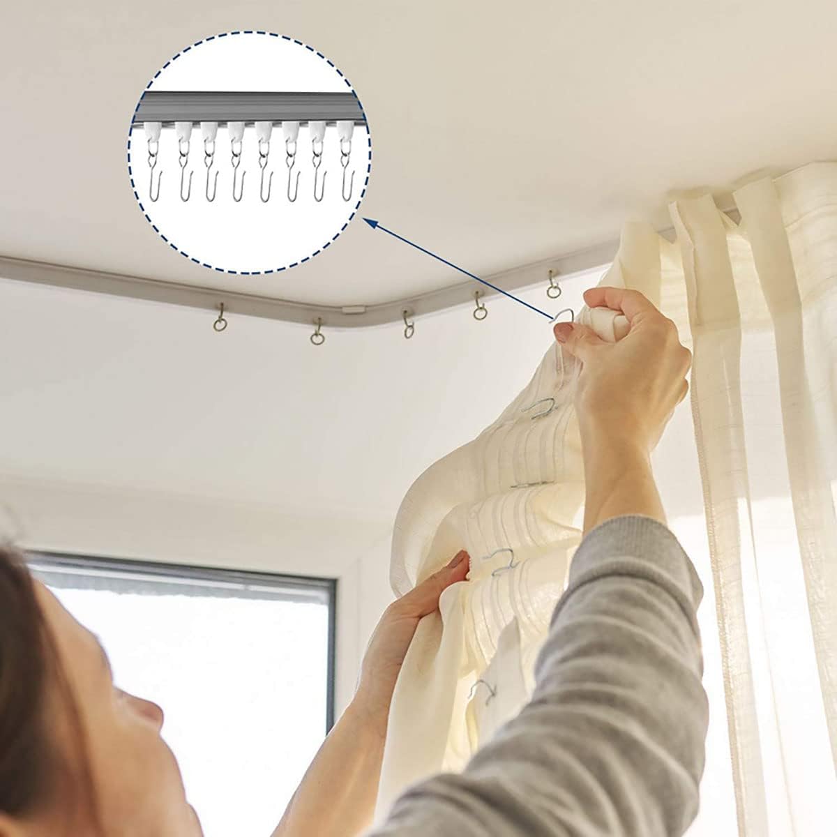 AYLIFU-30pcs Stainless Steel Curtain Track Hook and 30pcs Curtain Track Glider Rail Hook Roller Used for Most Types of Curtains