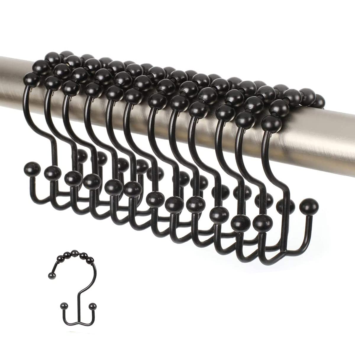 Shower Curtain Hooks Rings, Stainless Stee Double Glide Rollers Extra Wide Shower Curtain Rods Hooks for Bathroom, Set of 18 Hooks - Chrome