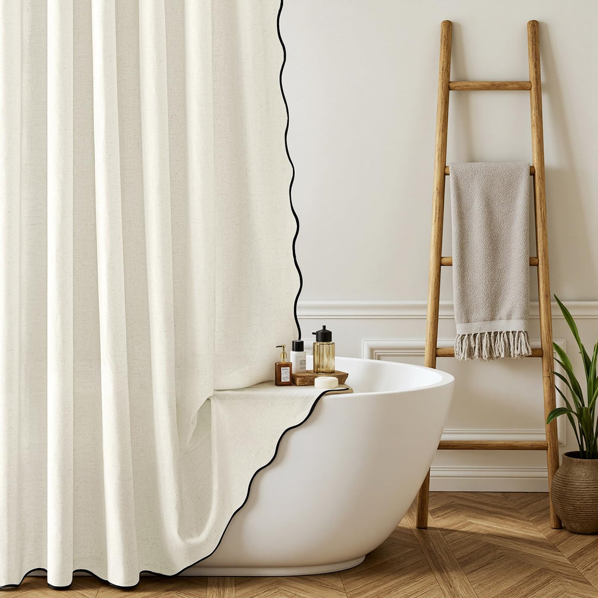 MIULEE Natural Scalloped Linen Shower Curtain 72W x 72L