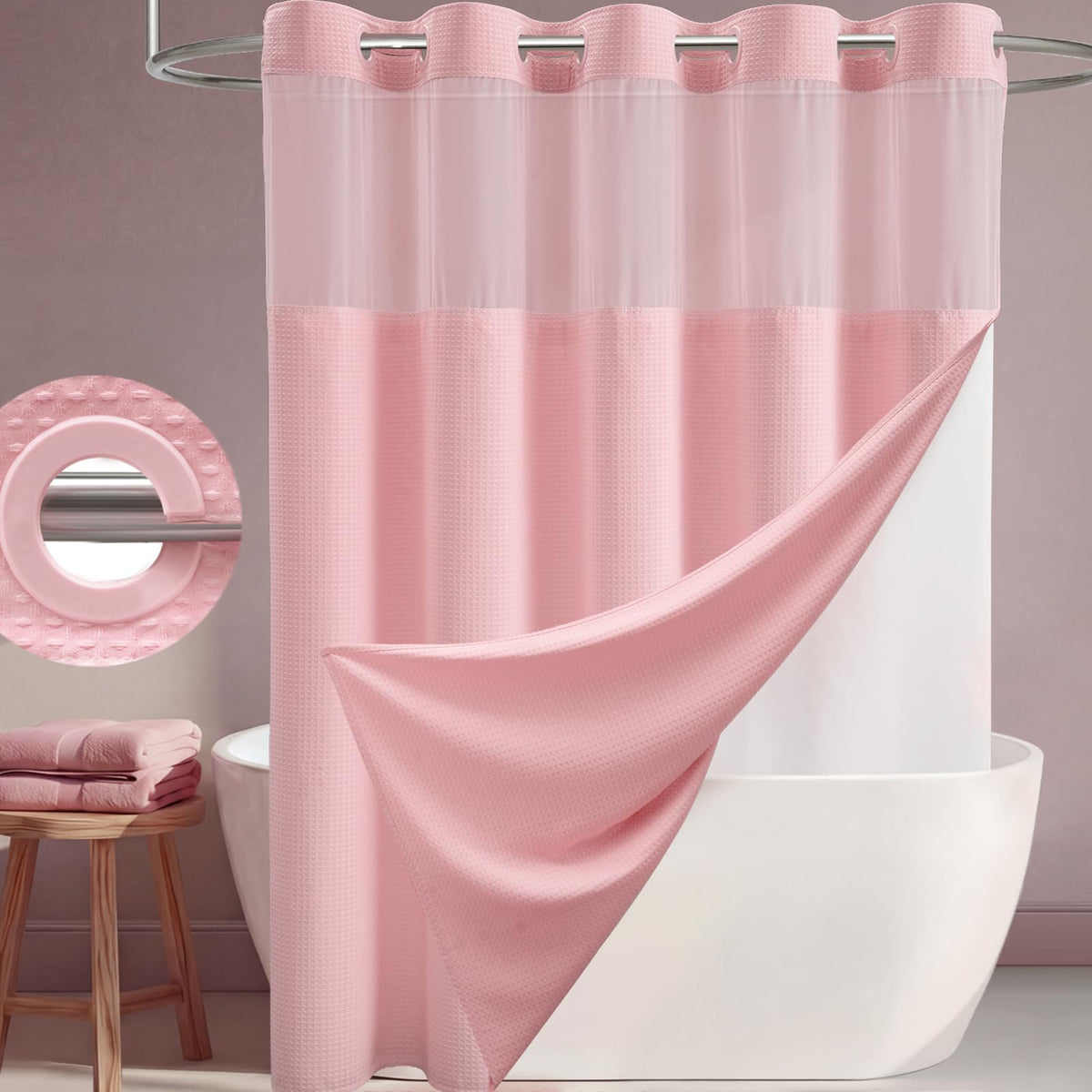Dynamene Ringless Waffle Weave Fabric Shower Curtain Set, Black, 72"x75"