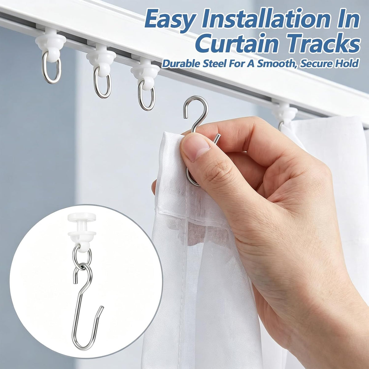 50Pack Curtain Track Rollers Gliders Hooks for Shower Curtain Straight Curved