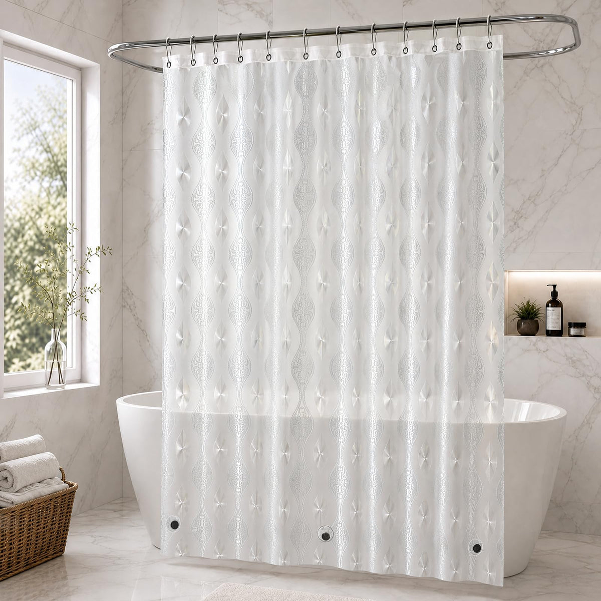 EurCross EVA Clear Shower Curtain 72x72 inches with 3 Stronger Magnetic Magnets, Flexibility PVC-Free 155g/m2 Heavy Duty Clear Design Shower Curtain Liner with Geometric 3D Pattern and Hooks