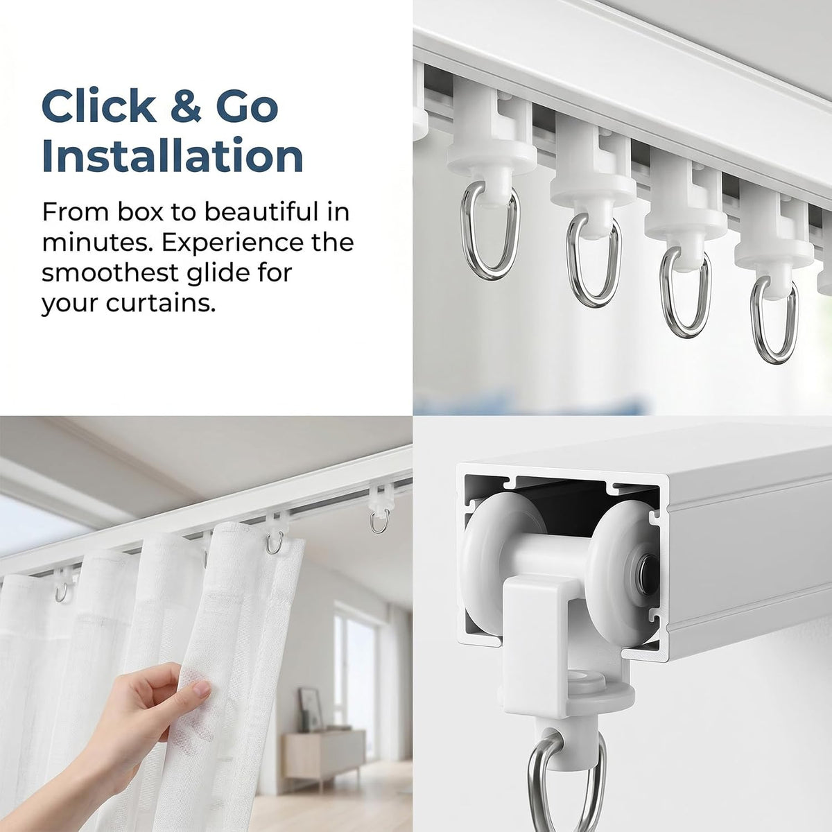100 Pcs White Curtain Track Rollers, 0.55 Inch Plastic Mute Sliding Ceiling Track Gliders, Drapery Rail Roller Clips with Hooks Replacement for Window Shower Bedroom Curtains