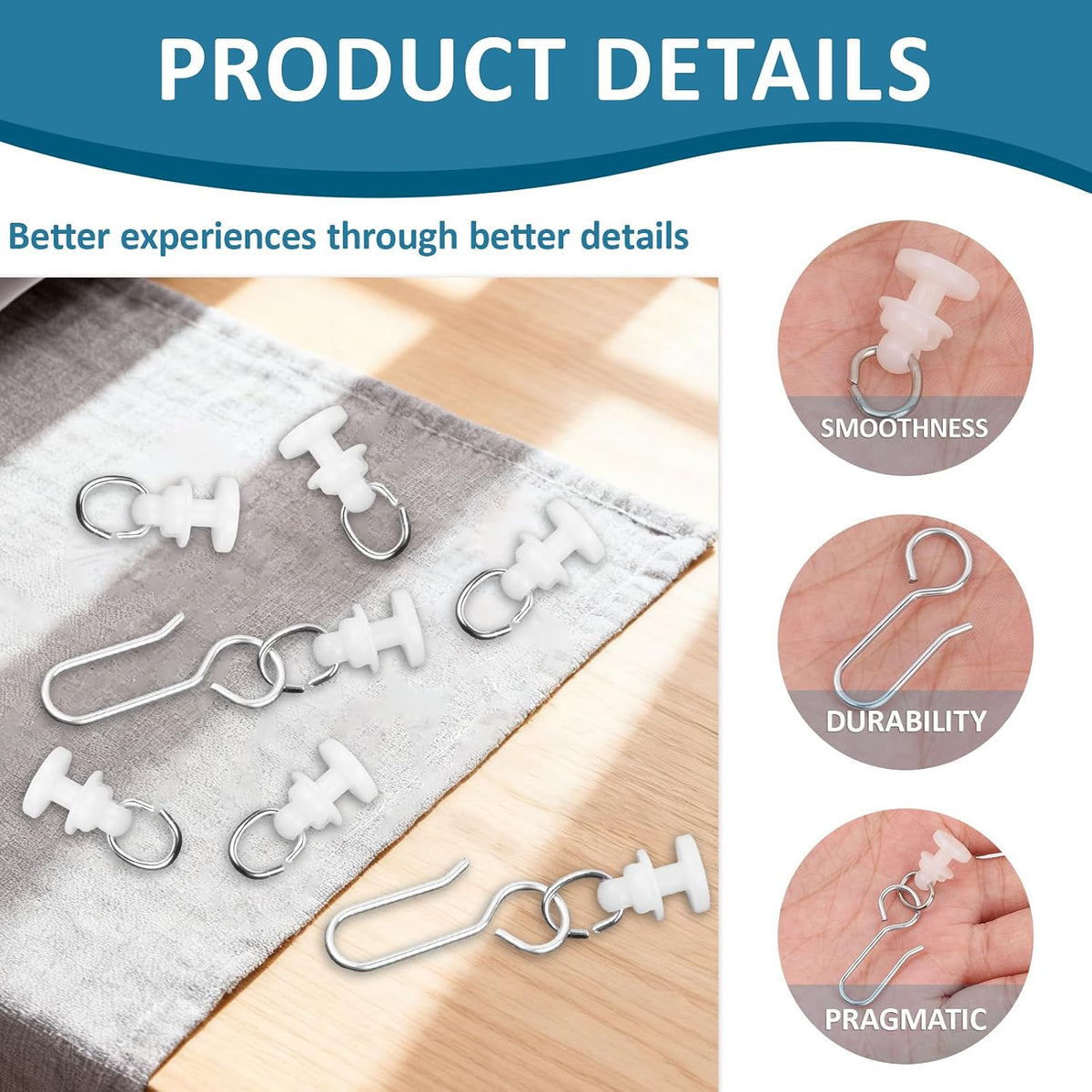 50PCS Curtain Track Gliders with 50PCS Hooks, Curtain Roller for Rv Shower Track System