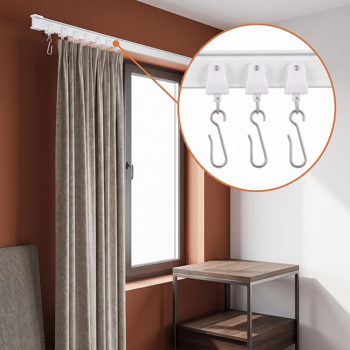 30 PCS Curtain Track Rollers with 30 PCS Hooks Flexible Bendable White