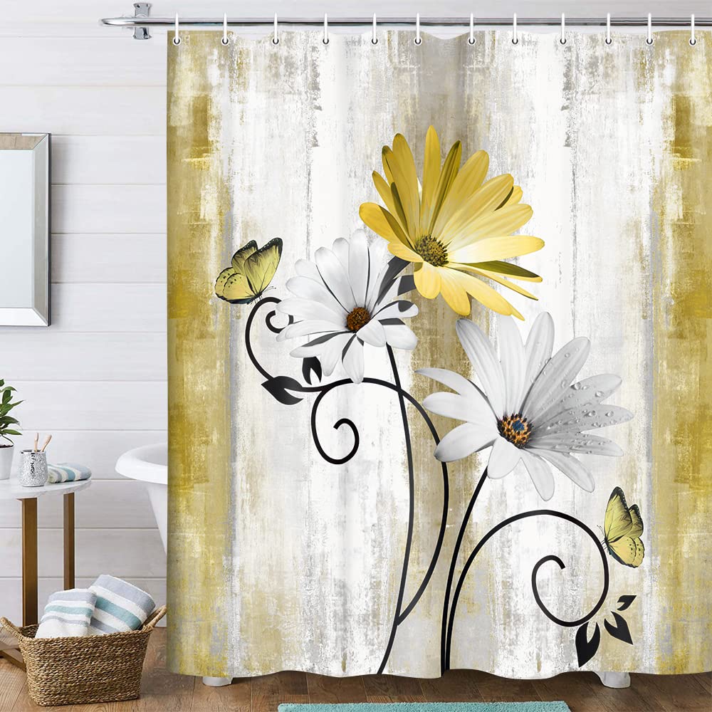 Rustic Farmhouse Shower Curtain, Farm Tan Cream Daisy Floral Flowers and Butterfly on Country Wooden Shower Curtains for Bathroom, Beige Brown Home Decor with 12PCS Hooks, 70X70IN