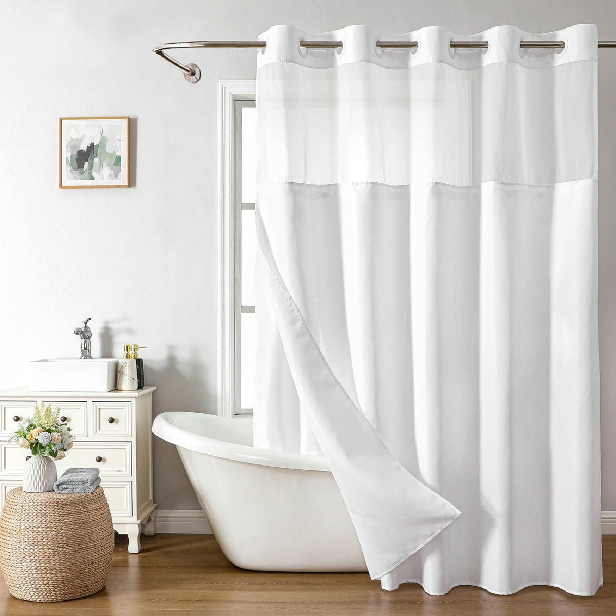 Eachope No Hooks Polyester Textured Shower Curtain with Snap-in Fabric Liner Set, Hotel Luxury Decor Shower Curtains for Bathroom with See Through Top Window, Waterproof & Washable, 71Wx74H, Cream