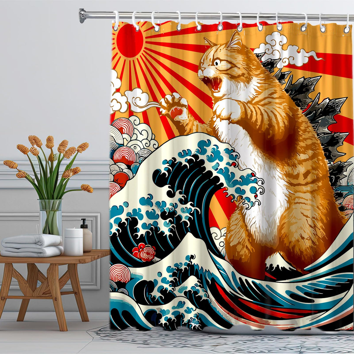 Funny Japanese Cat Funky Anime Japan Bathroom Shower Curtain, 72x72