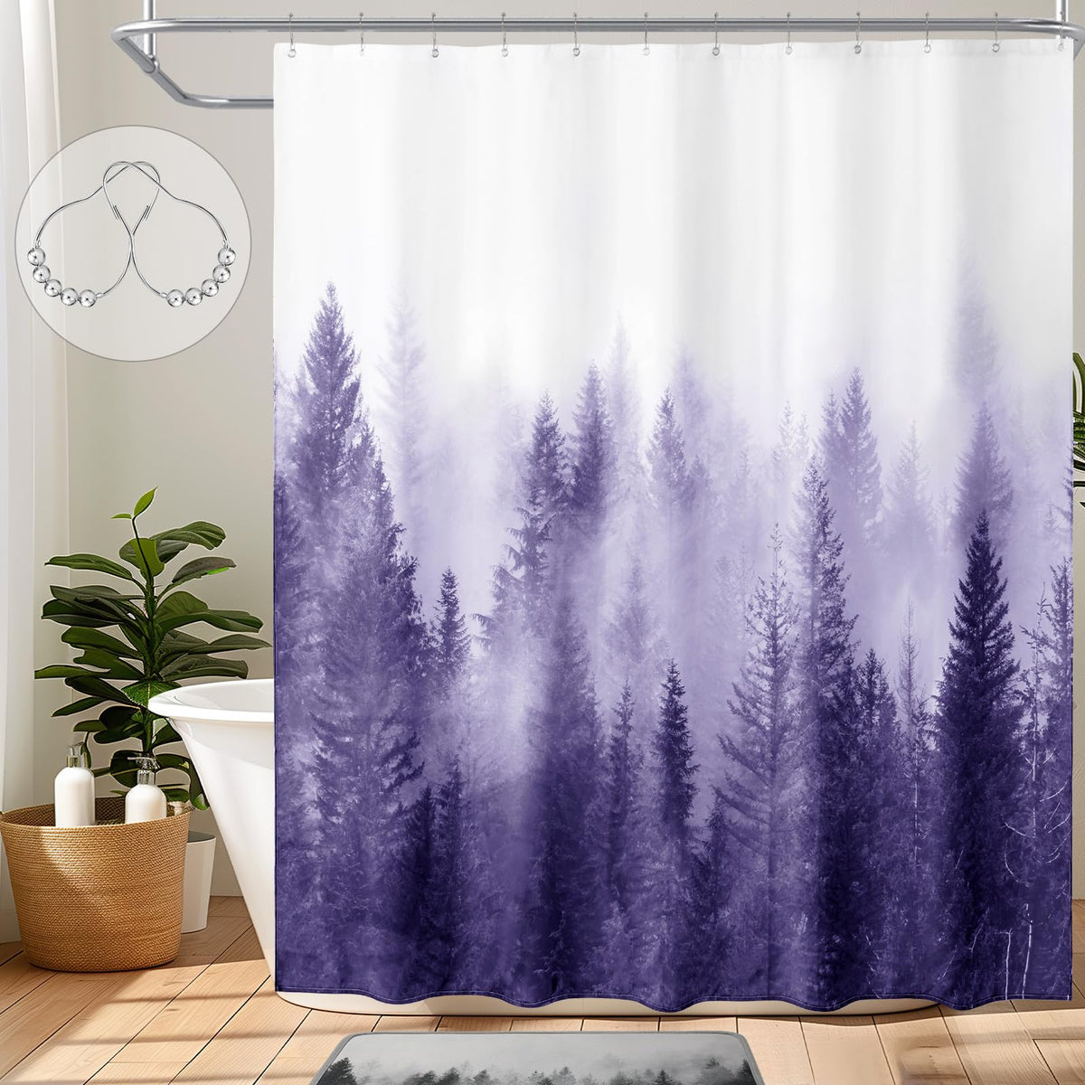 ORTIGIA Black and White Misty Forest Shower Curtain for Bathroom, Nature Woodland Curtain Set with Hooks, Decorative Pine Tree Fog Magic Bath Decor for Home Weighted, 72x72