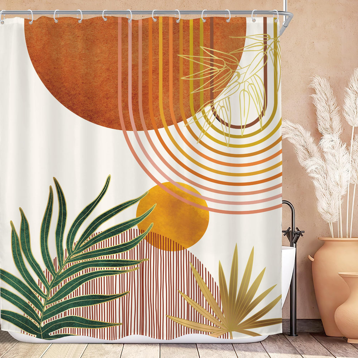 KOMLLEX Mid Century Green Boho Shower Curtain, Abstract Modern Shower Curtains for Bathroom, Plant Botanical Minimalist Leaf Arch Sun Fabric Liner Waterproof Polyester 12 Pack Hooks 60Wx72L Inches