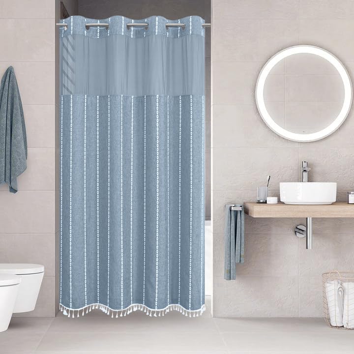 eachope Boho Farmhouse No Hook Shower Curtain Set with Snap-in Fabric Liner,Heavy-Duty Linen Textured Rustic Striped Design,Water-Repellent with Tassels and Sheer Window,Tan/Taupe,71x74