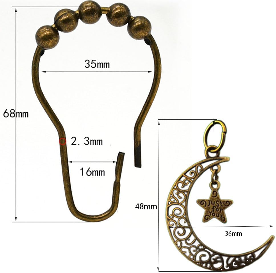 Decorative Sun Moon Celestial Shower Curtain Hooks Rings Set of 12, Bronze