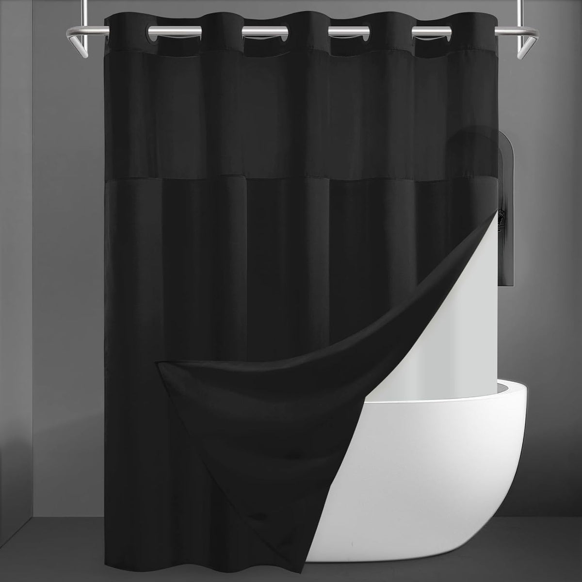 SORTTO Ringless Slub Shower Curtain with Snap in Liner, 71x74, Black
