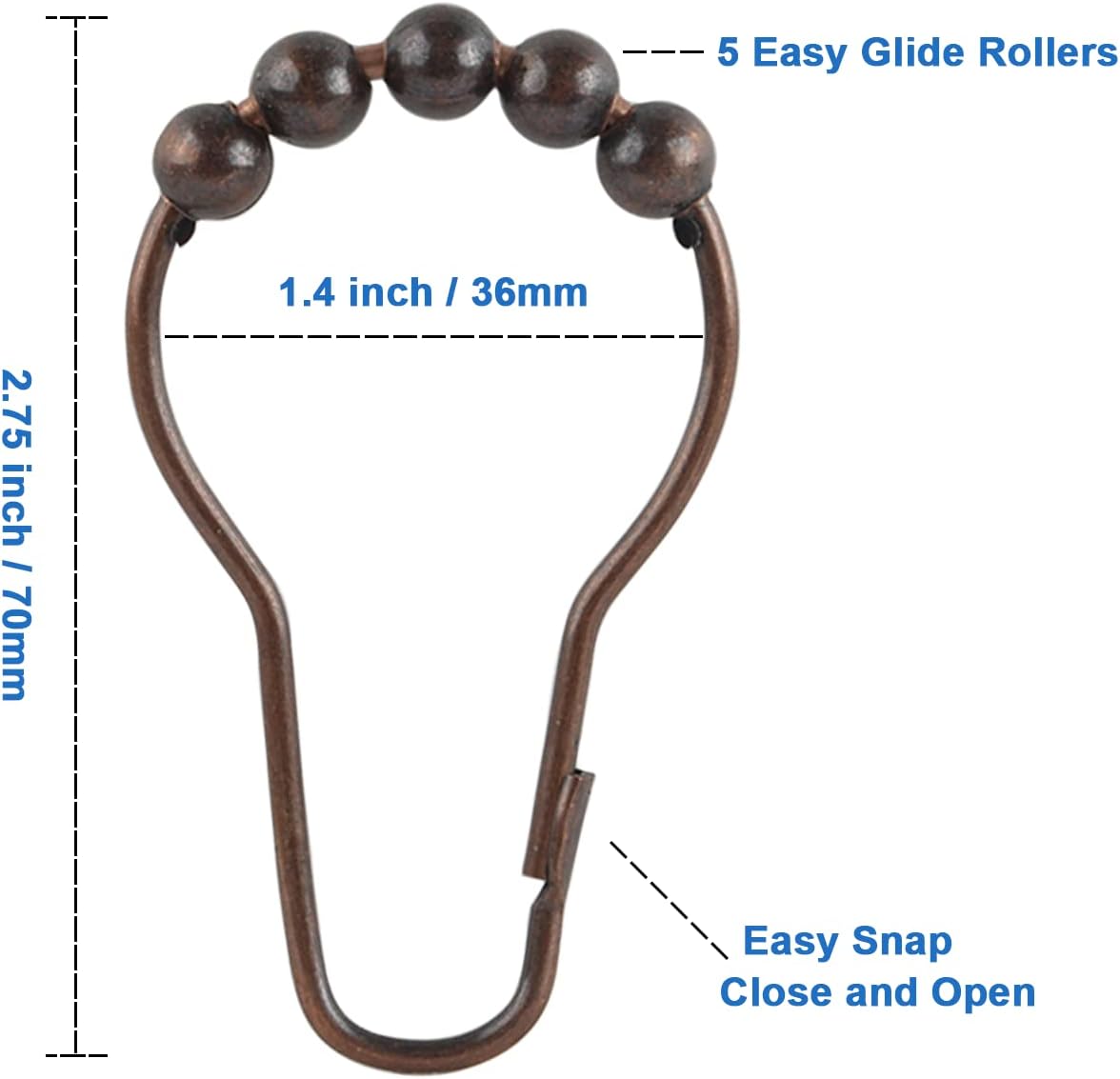 Shower Curtain Hooks Rings, Rustproof Metal Shower Curtain Rings for Bathroom Shower Rods Curtains - Set of 12, Bronze
