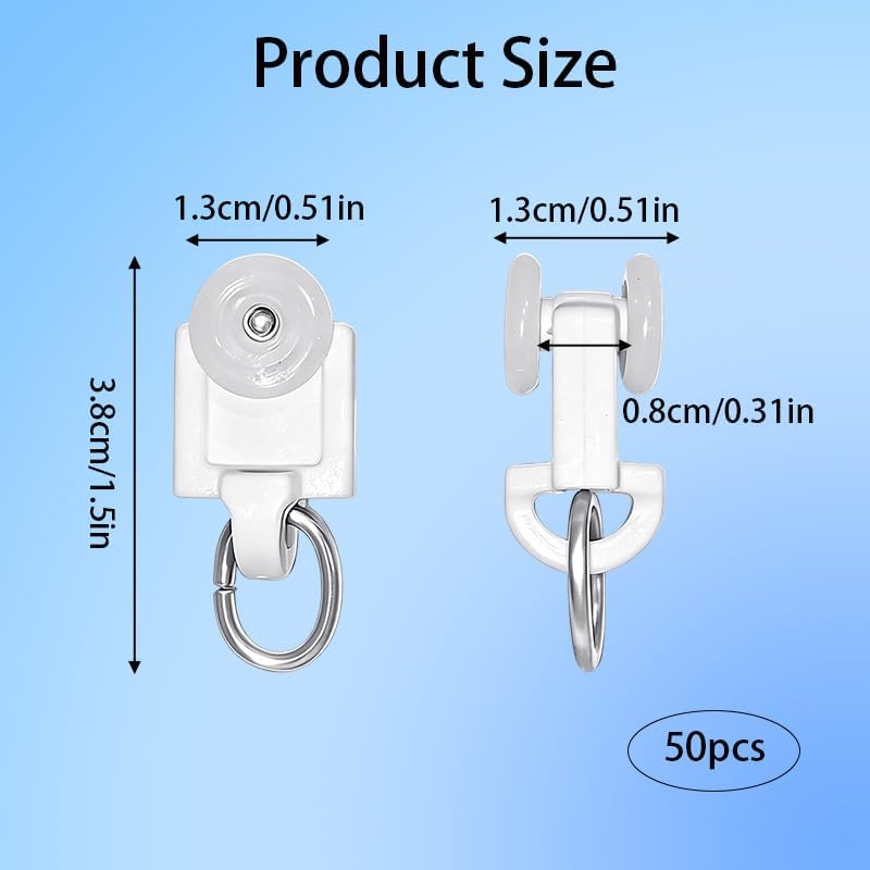 50 Pcs Curtain Track Rollers, Plastic Mute Curtain Track Gliders with Hooks for Ceiling Rails, Smooth Dual-Wheel Pulley System, Fits Most Standard Curtain Track Hooks