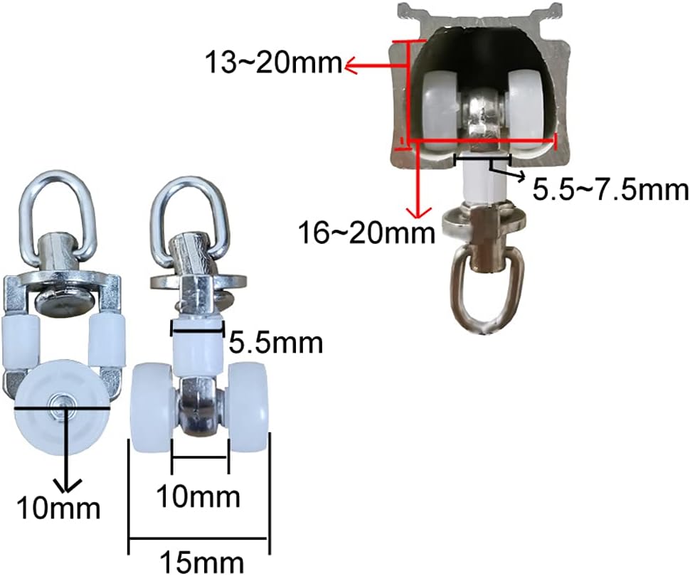 20 Pieces Rotatable Alloy Curtain Track Rollers with Plastic Twin Wheeled Drapery Rail Sliding Glider Curtain Track Rail Rollers for Windows Shower Curtain Tracks, 10mm Wheel Diameter