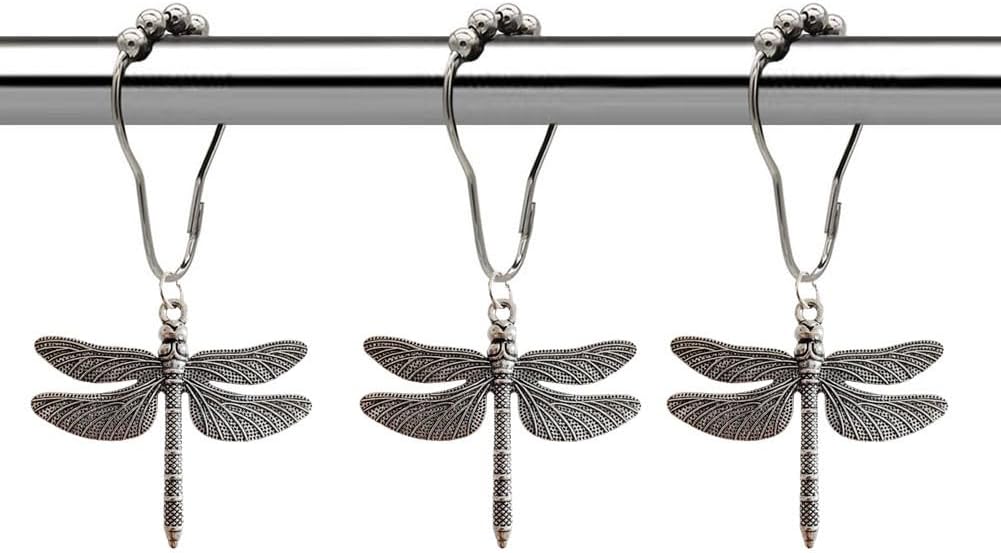 Dragonfly Shower Curtain Hooks Rings Set of 12, Rust Proof Stainless Steel Shower Hook Hangers for Natural Forest Garden Flowers Insect Theme Bathroom Decor (Antique Silver)