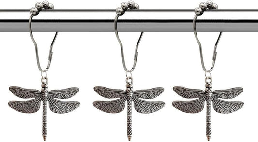 Dragonfly Shower Curtain Hooks Rings Set of 12, Rust Proof Stainless Steel Shower Hook Hangers for Natural Forest Garden Flowers Insect Theme Bathroom Decor (Antique Silver)
