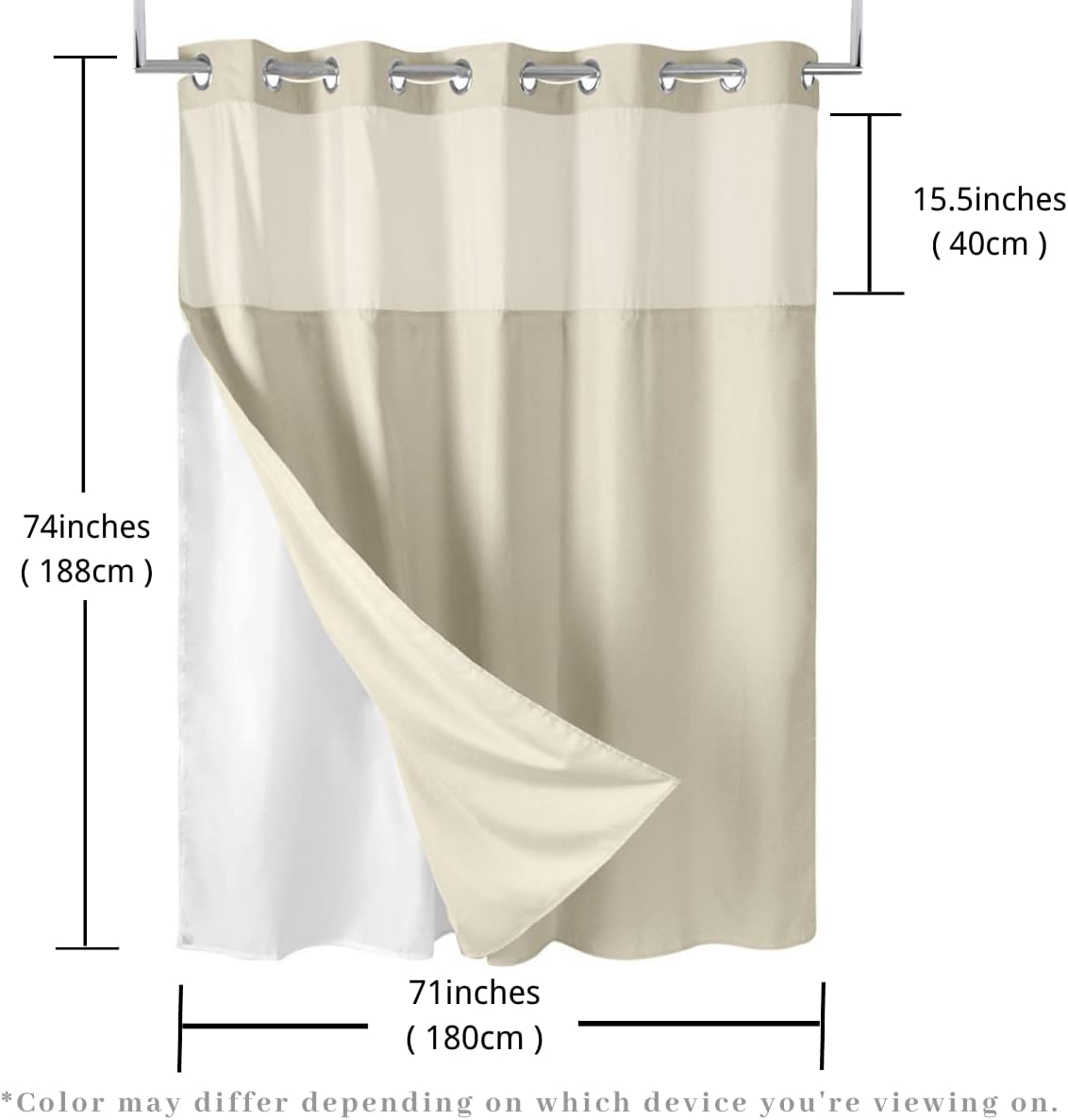 71“W x74”H Heavy Fabric Hook Free Shower Curtain with Polyester Magnet Snap-in Liner–Top See Through with Mesh Window Light Beige
