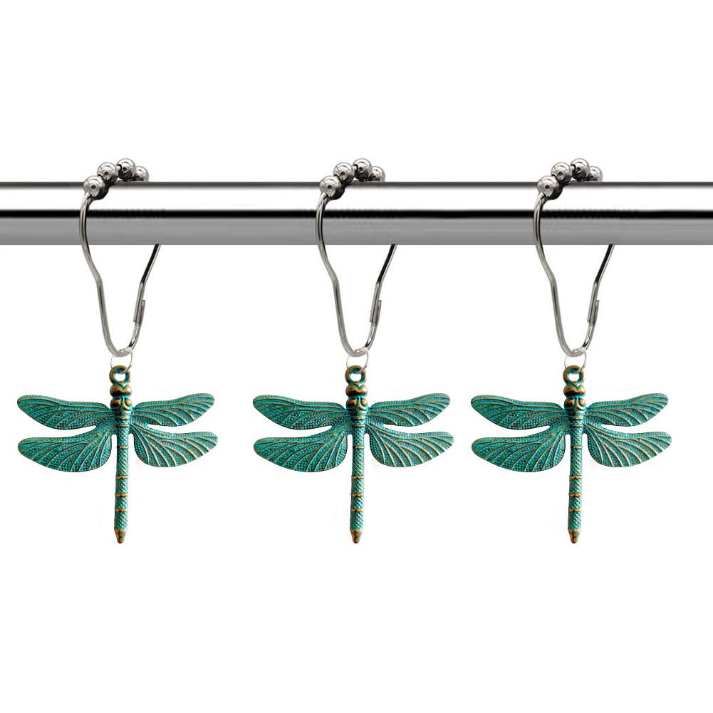 Dragonfly Shower Curtain Hooks Rings Set of 12, Rust Proof Stainless Steel Shower Hook Hangers for Natural Forest Garden Flowers Insect Theme Bathroom Decor (Antique Silver)