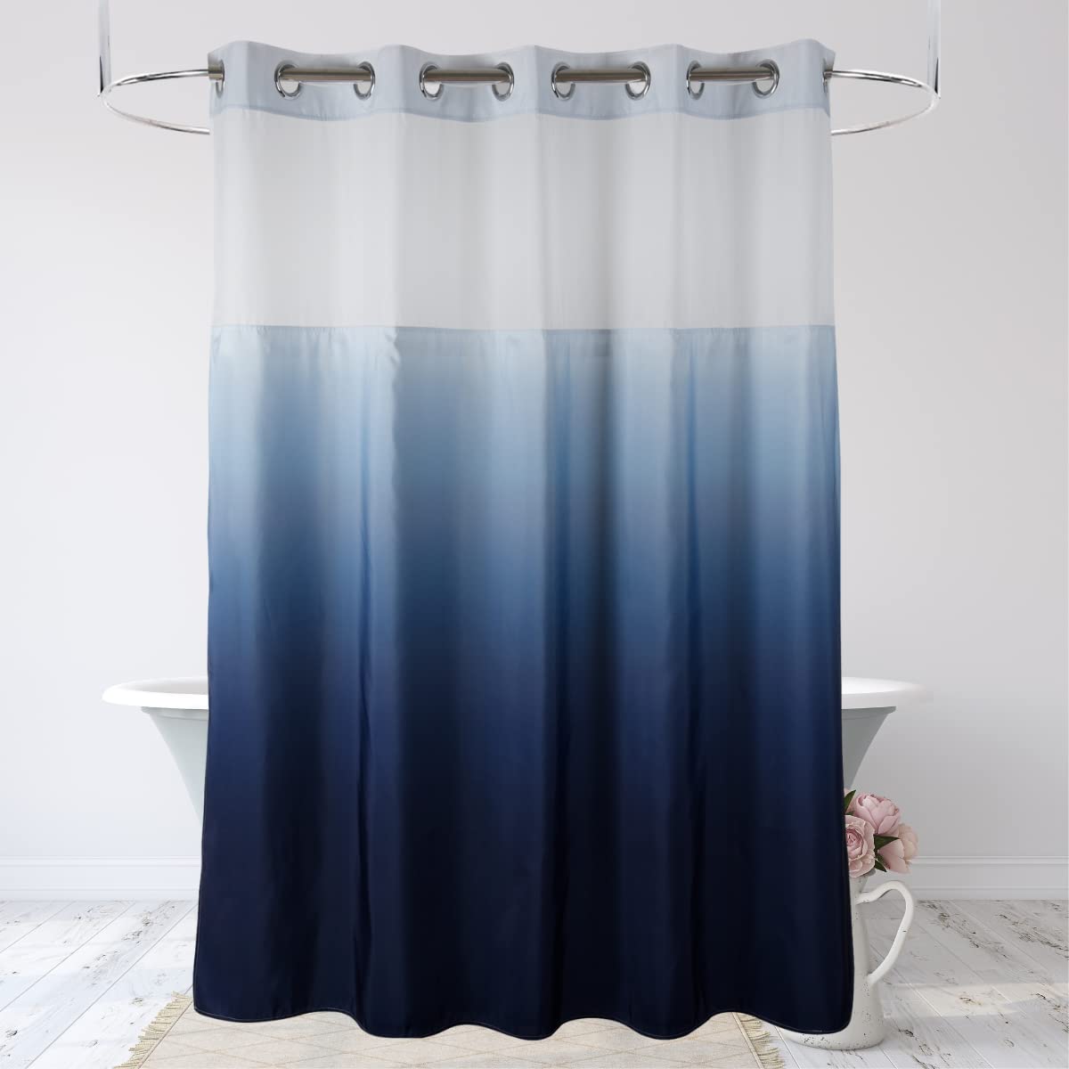 71“W x74”H Heavy Fabric Hook Free Shower Curtain with Polyester Magnet Snap-in Liner–Top See Through with Mesh Window Light Beige
