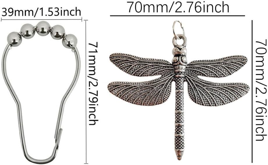 Dragonfly Shower Curtain Hooks Rings Set of 12, Rust Proof Stainless Steel Shower Hook Hangers for Natural Forest Garden Flowers Insect Theme Bathroom Decor (Antique Silver)