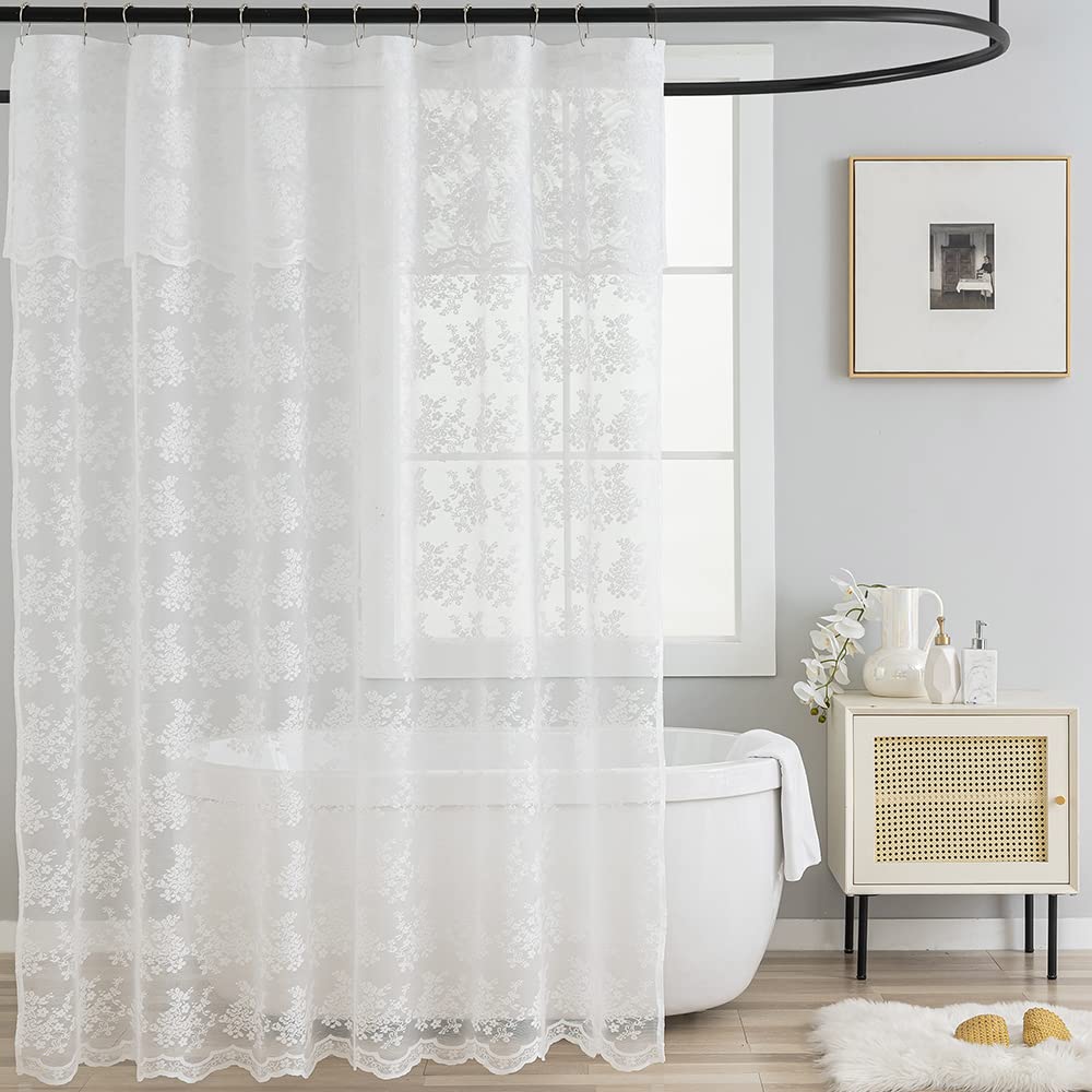 TUDECO Pink Lace Shower Curtain with Attached Valance, 72x72 Inch, 1 Panel