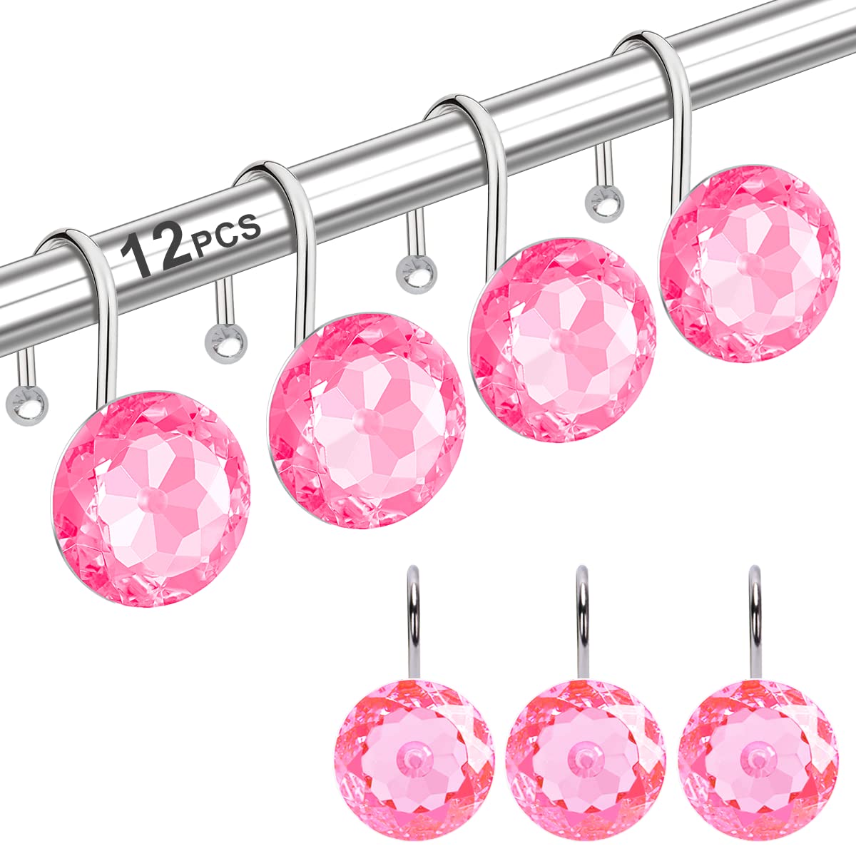 12PCS Shower Curtain Hooks Rings for Bathroom, Stainless Steel Metal Crystal Rhinestones Bling Rust Proof Shower Curtain Rings Hangers for Shower Curtain Decorative, Round Heavy Duty Hooks (Clear)