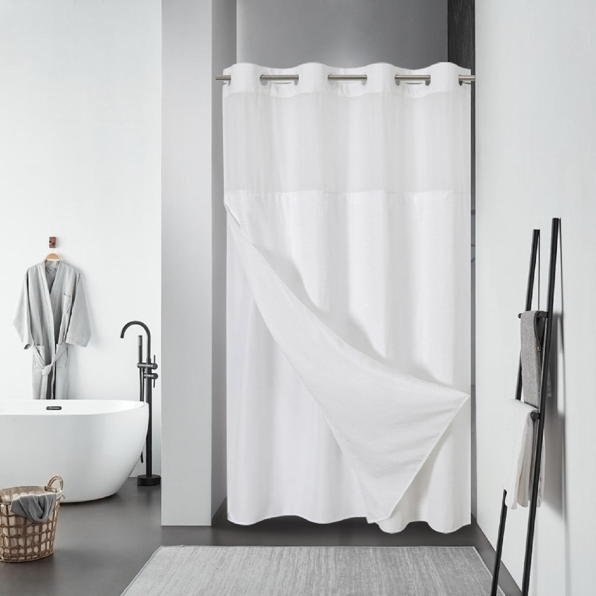 eachope No Hook Waffle Shower Curtain with Snap-in Liner, 71x74 Inch, Grey