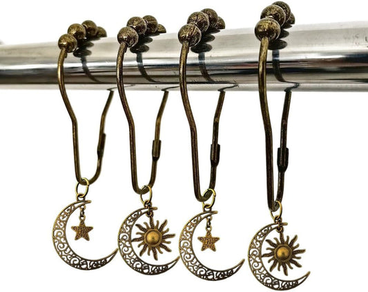 Decorative Sun Moon Celestial Shower Curtain Hooks Rings Set of 12, Bronze