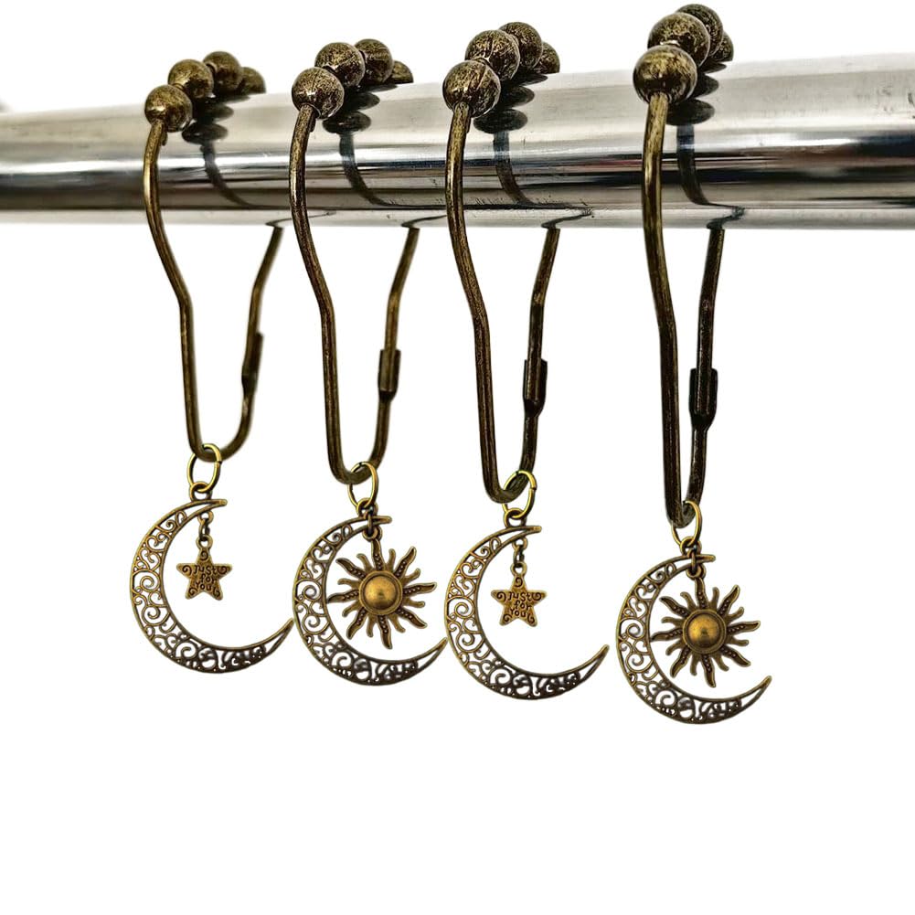 Decorative Sun Moon Celestial Shower Curtain Hooks Rings Set of 12, Bronze