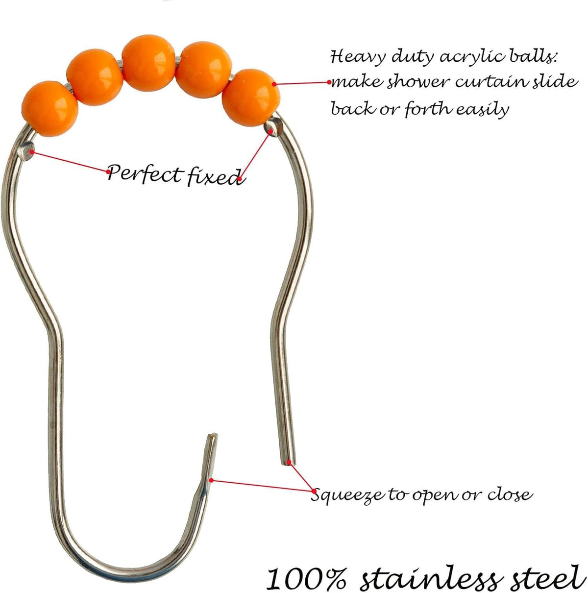 Orange Shower Curtain Hooks Stainless Steel Acrylic Balls (12pcs)