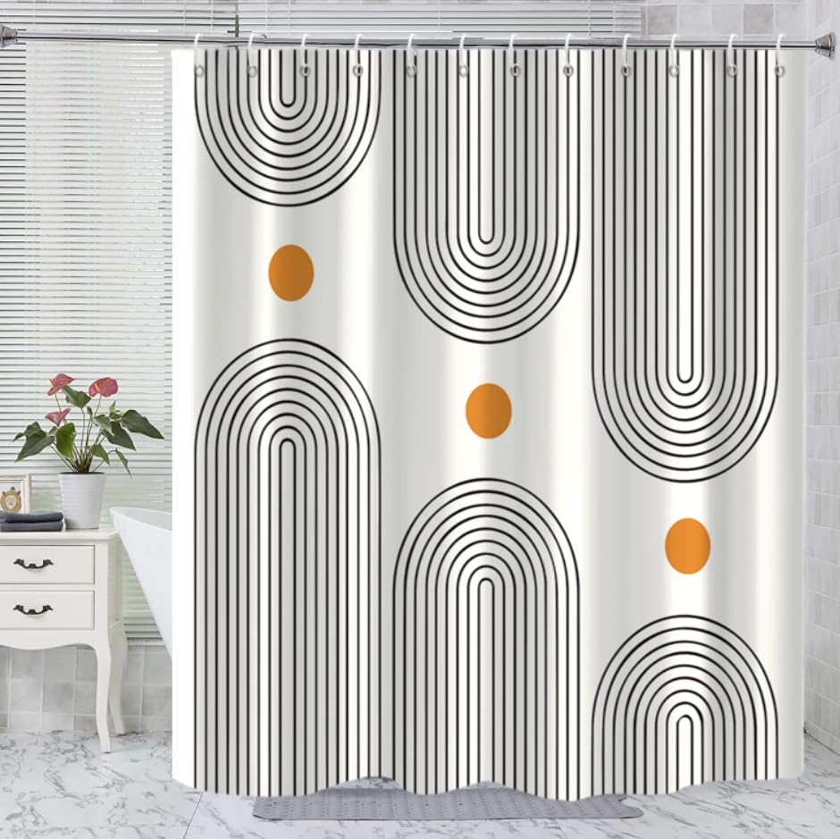 Boho Mid Century Shower Curtain, Modern Abstract with Hooks 72x72