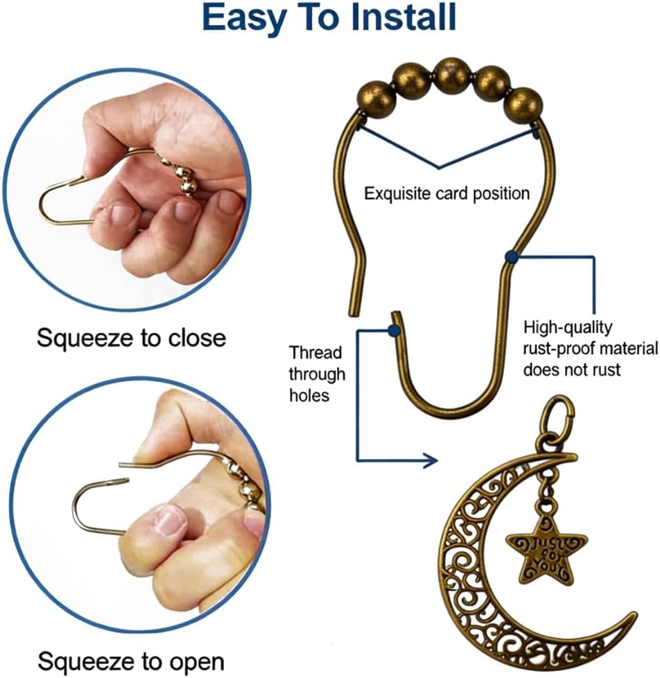 Decorative Sun Moon Celestial Shower Curtain Hooks Rings Set of 12, Bronze