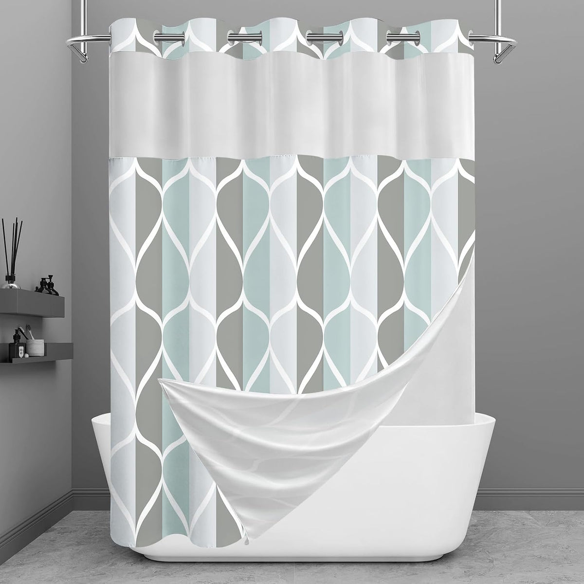 Yiatn Gray Ringless Shower Curtain with Snap-in Liner, 71 x 74 Inch