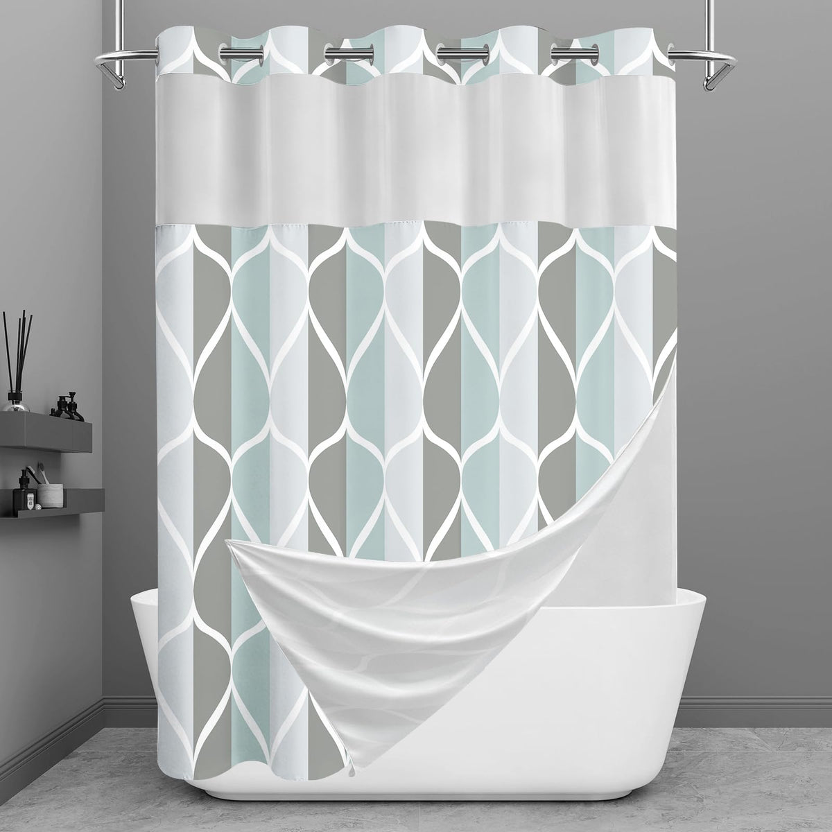 Yiatn Gray Ringless Shower Curtain with Snap-in Liner, 71 x 74 Inch