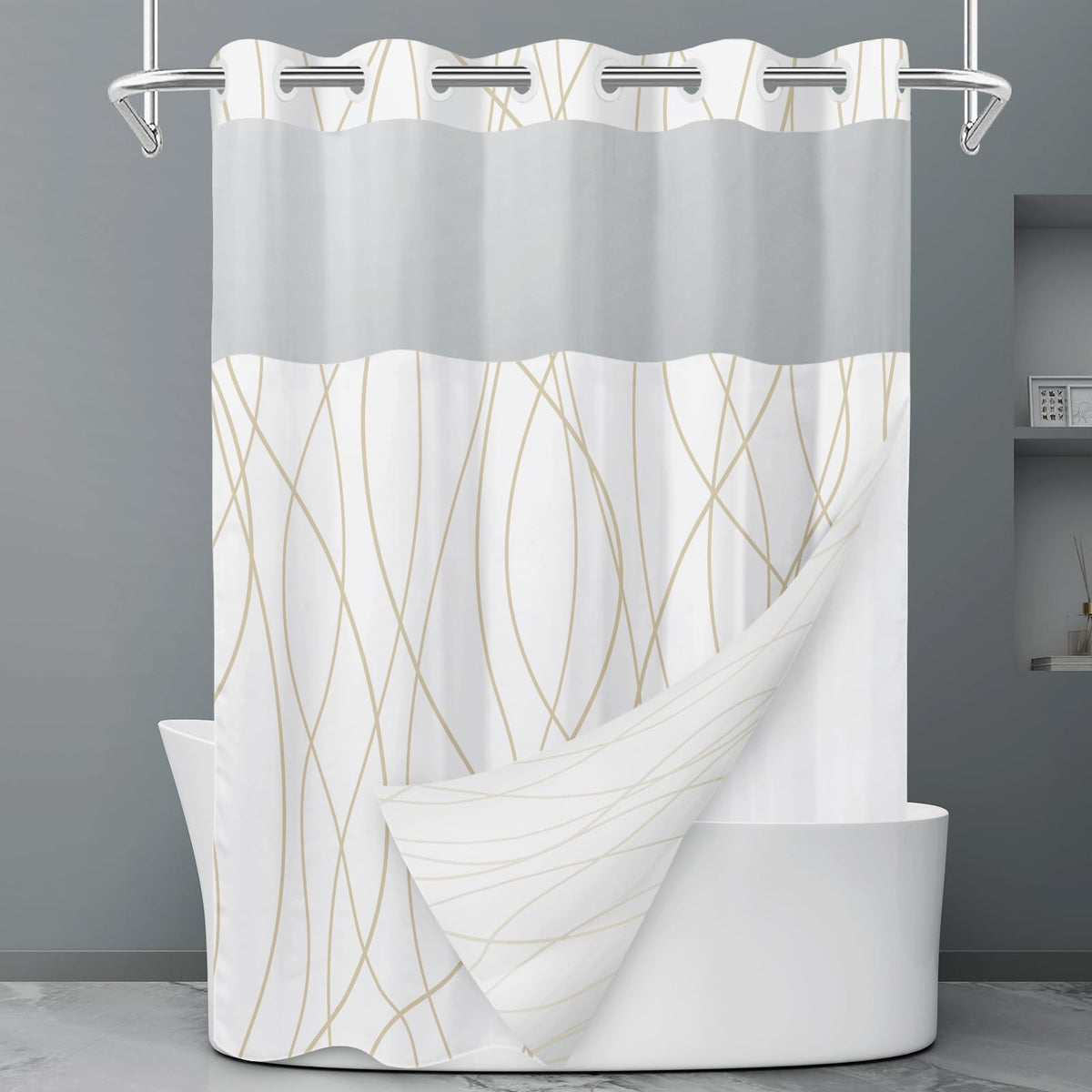 LXBNI Ringless Shower Curtain with Snap-in Liner, Gray White, 71 x 74 Inch