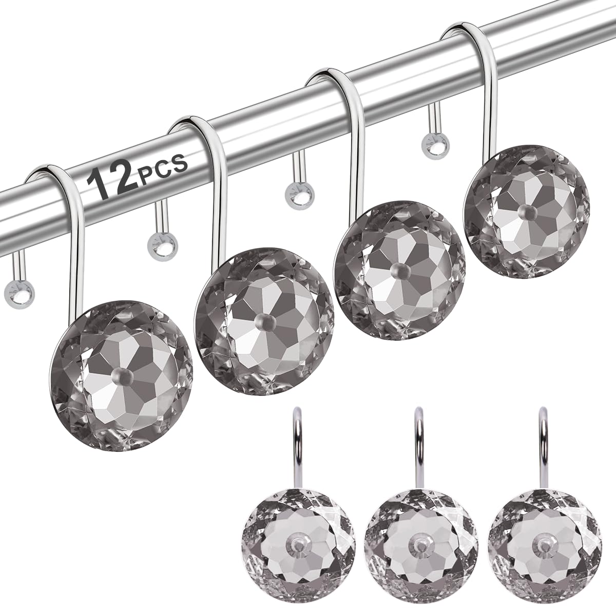 12PCS Shower Curtain Hooks Rings for Bathroom, Stainless Steel Metal Crystal Rhinestones Bling Rust Proof Shower Curtain Rings Hangers for Shower Curtain Decorative, Round Heavy Duty Hooks (Clear)