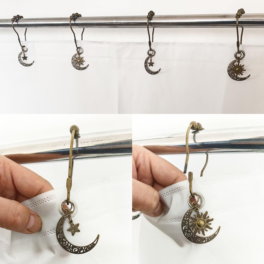 Decorative Sun Moon Celestial Shower Curtain Hooks Rings Set of 12, Bronze