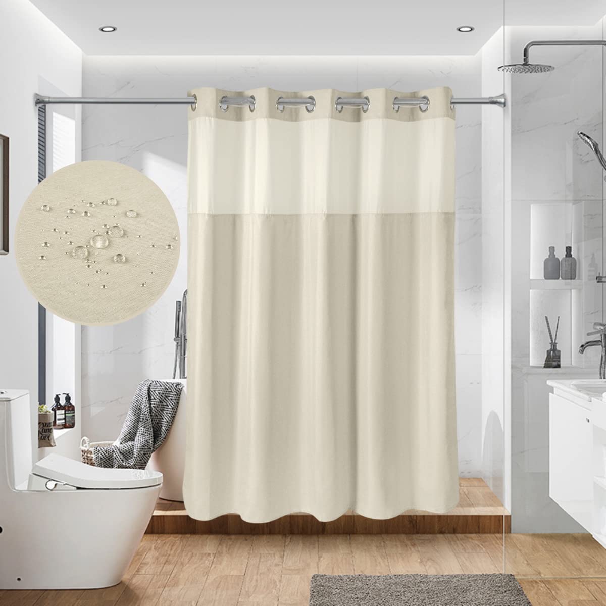 71“W x74”H Heavy Fabric Hook Free Shower Curtain with Polyester Magnet Snap-in Liner–Top See Through with Mesh Window Light Beige
