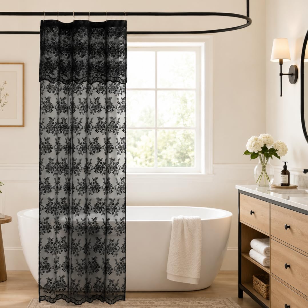 TUDECO Pink Lace Shower Curtain with Attached Valance, 72x72 Inch, 1 Panel