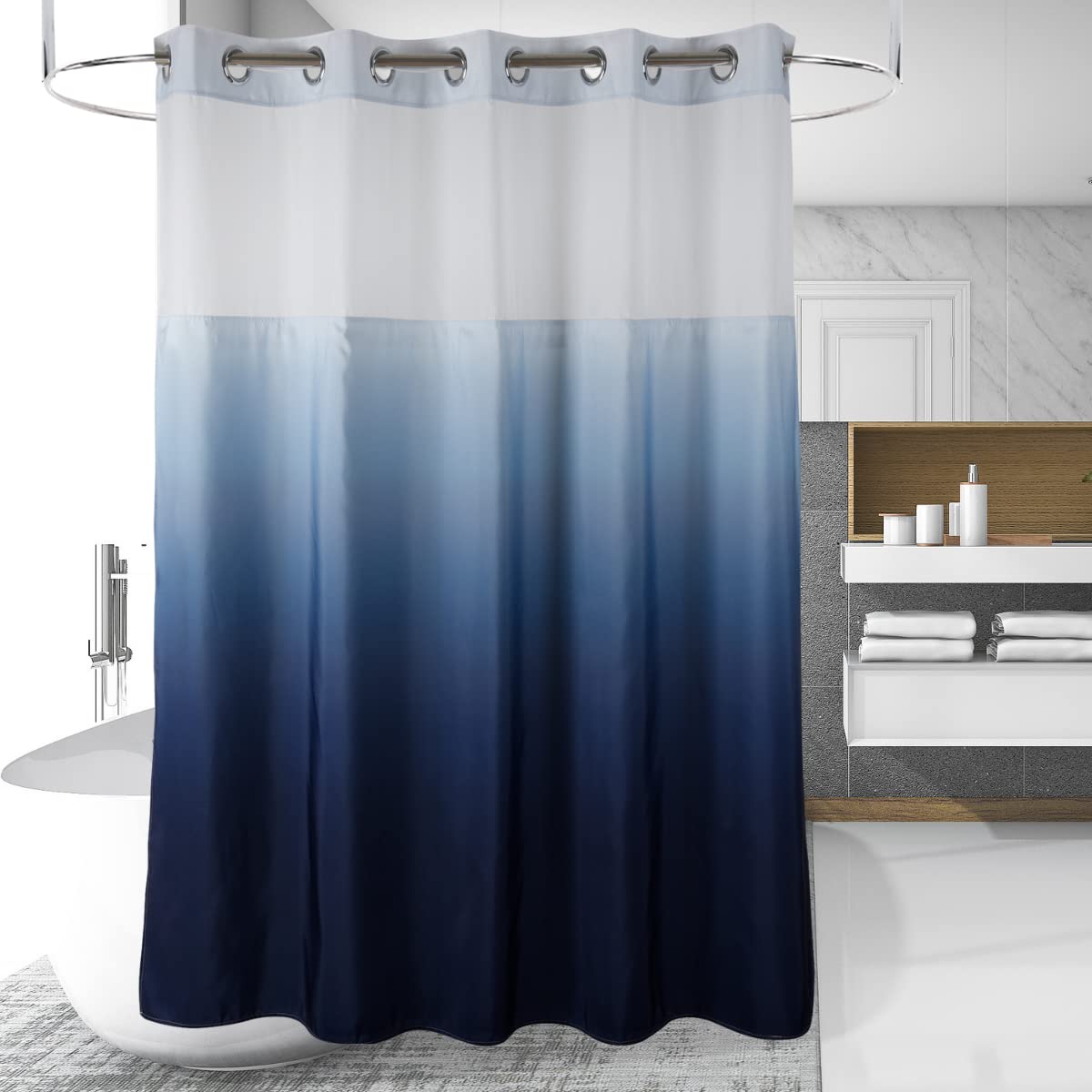 71“W x74”H Heavy Fabric Hook Free Shower Curtain with Polyester Magnet Snap-in Liner–Top See Through with Mesh Window Light Beige