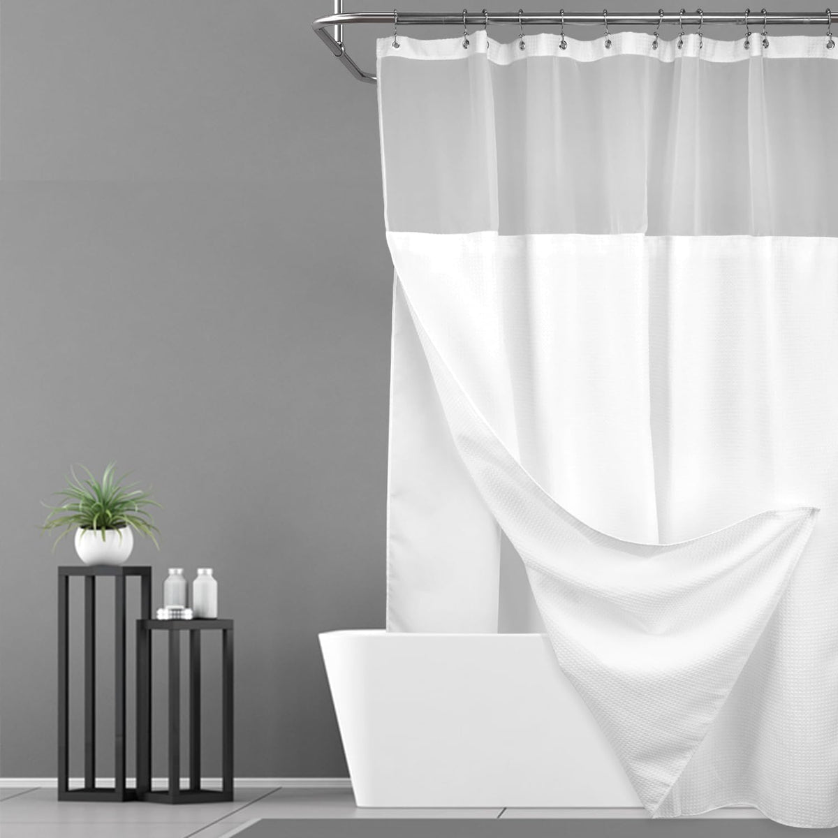 N&Y HOME Waffle Weave Shower Curtain with Snap-in Liner Set Blue, 71x72