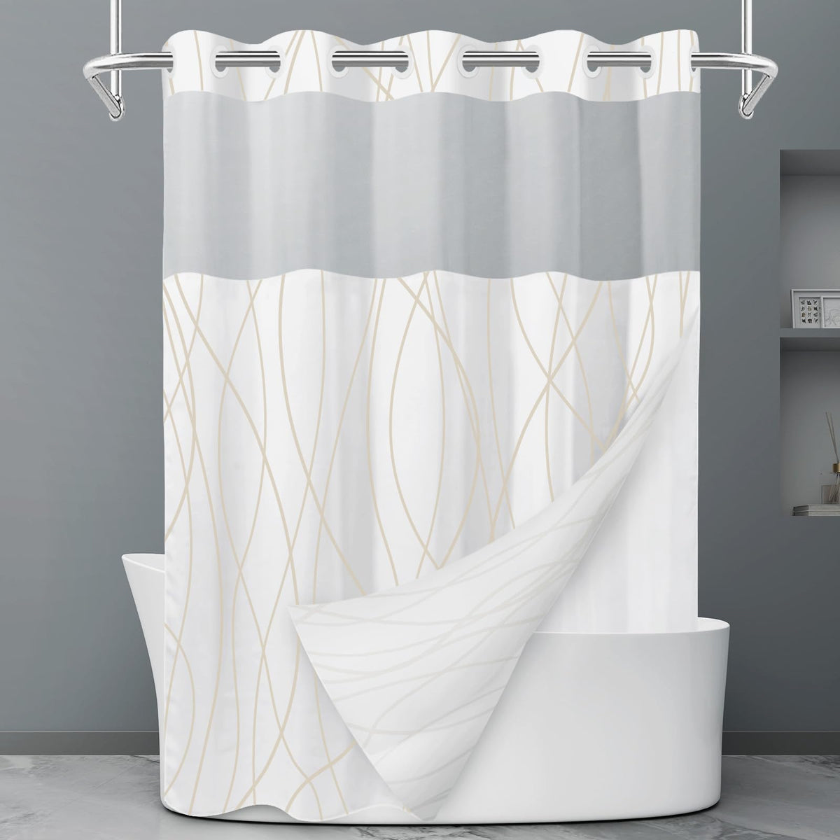 LXBNI Ringless Shower Curtain with Snap-in Liner, Gray White, 71 x 74 Inch