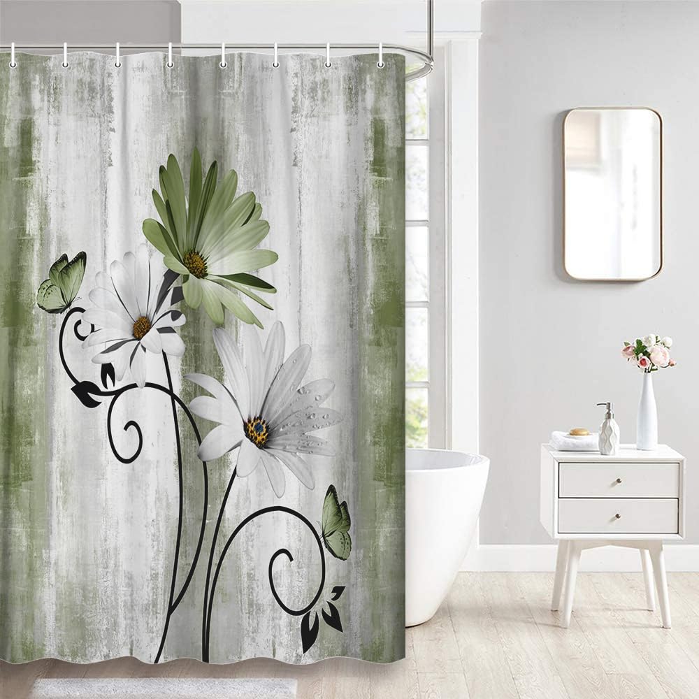 Rustic Farmhouse Shower Curtain, Farm Tan Cream Daisy Floral Flowers and Butterfly on Country Wooden Shower Curtains for Bathroom, Beige Brown Home Decor with 12PCS Hooks, 70X70IN