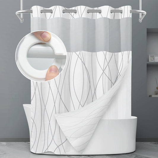 LXBNI Ringless Shower Curtain with Snap-in Liner, Gray White, 71 x 74 Inch
